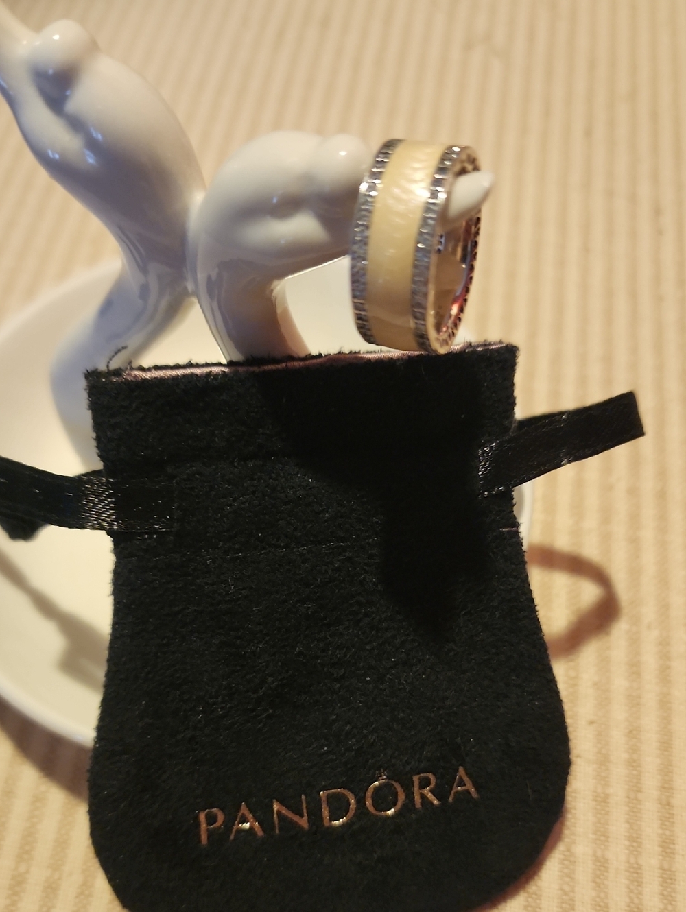 Pandora Cream Silver Inlay Ring with Chystal Pave Accents